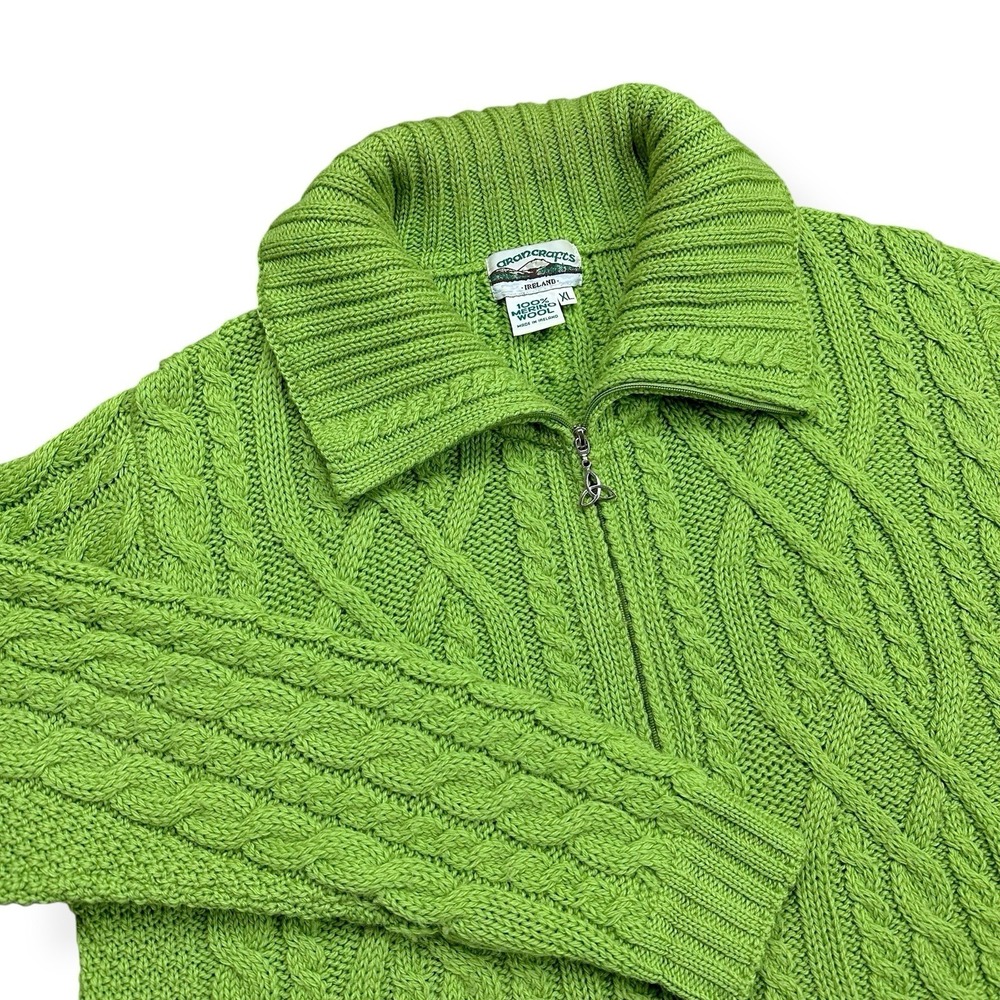VTG Aran‎ Crafts 100% Merino Wool 1/4 Zip Cable Knit Sweater XL Green Ireland